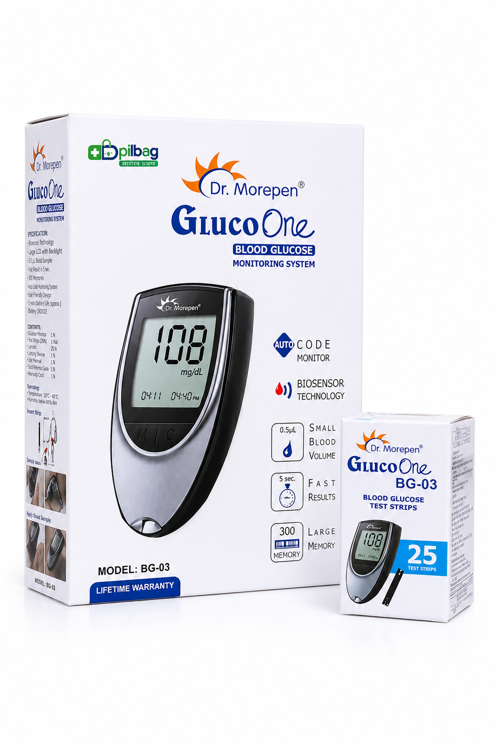Dr Morepen BG 03 Gluco One Glucose Monitoring System Glucometer with Gluco One BG 03 Blood Glucose 25 Test Strip